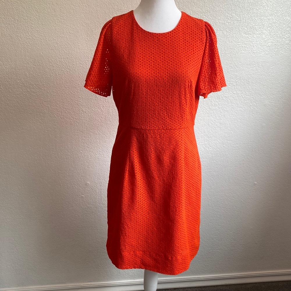 J. Crew Eyelet Dress Butterfly Sleeves Orange Knee Length Fully Lined Size 8